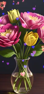 Vibrant pink and yellow flowers in a clear vase against a dark background.