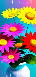 Colorful daisies in a white vase with a vibrant gradient background.