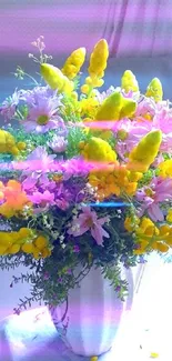 Colorful bouquet with yellow and purple flowers in a white vase.