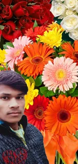 Vibrant floral bouquet with colorful flowers and a person.