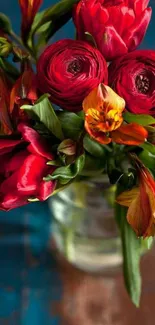 Vibrant bouquet of red flowers in a glass vase.