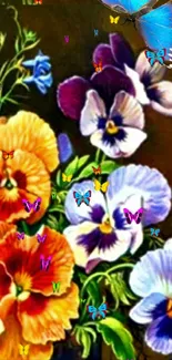 Colorful pansy flowers with a butterfly on a dark green background.