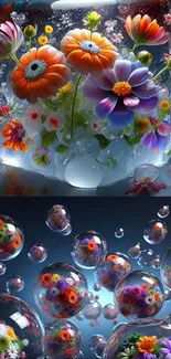 Vibrant flowers encased in bubble art on a dark blue background.