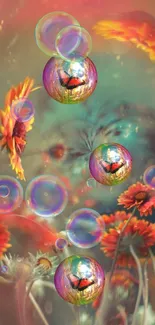 Vibrant floral wallpaper with bubbles and colorful petals.