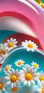 Vibrant daisy flowers in colorful abstract bubbles.