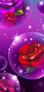 Vibrant purple wallpaper with roses in bubbles.