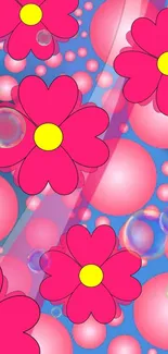 Vibrant pink floral wallpaper with bubbles and blue background.