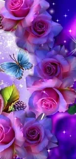 Purple roses and butterfly wallpaper with vibrant colors.