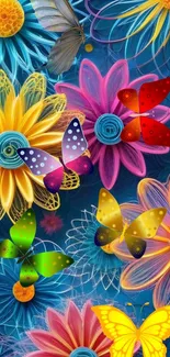 Colorful floral and butterfly abstract phone wallpaper.