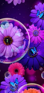 Mobile wallpaper with colorful flowers and butterflies in vibrant purple hues.