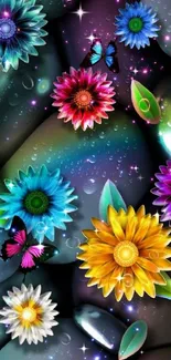 Vibrant artistic wallpaper with colorful flowers and butterflies.