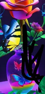 Vibrant flowers and butterflies in glowing vase.