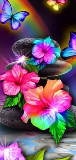 Vibrant flowers with butterflies on dark background.