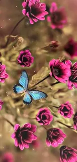 Blue butterfly amidst vibrant pink flowers on a nature-themed phone wallpaper.