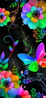 Vibrant butterfly and flowers on dark background.