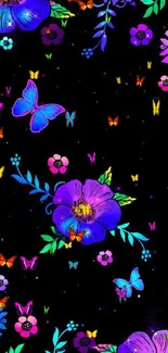 Vibrant floral wallpaper with butterflies and neon colors on a dark background.