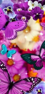 Vibrant wallpaper with butterflies and flowers in purple and pink hues.