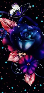 Vibrant floral butterfly wallpaper with blue roses and a black background.