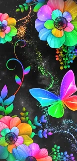 Colorful floral and butterfly mobile wallpaper with vibrant design.