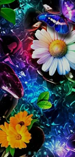 Vibrant floral and butterfly wallpaper with bright colors.