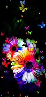 Vibrant artwork with colorful flowers and butterflies on a black background.