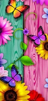 Vibrant floral and butterfly design wallpaper.