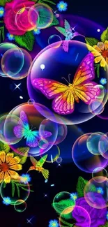 Colorful butterflies and flowers with bubbles on a dark background.