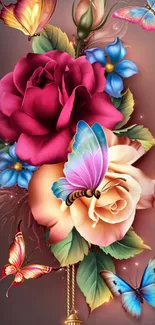 Colorful floral wallpaper with butterflies.