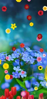 Colorful floral wallpaper with butterfly on blue-green background.