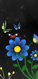 Blue flowers and butterflies on black background wallpaper.