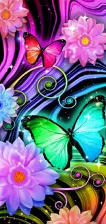 Colorful butterfly and floral mobile wallpaper with pink hues.