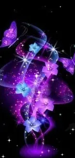 Mystical purple and blue floral wallpaper with butterflies on a dark background.