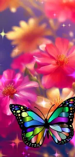 Colorful butterfly with vibrant flowers background.