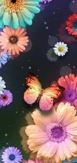 Vibrant floral and butterfly mobile wallpaper with a purple background.