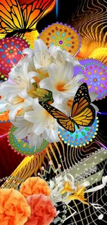 Vibrant floral and butterfly art with colorful designs for mobile wallpaper.