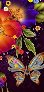 Vibrant floral butterfly wallpaper in rich colors.