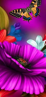 Vibrant floral wallpaper with butterfly, featuring magenta and colorful flowers.