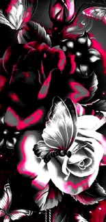 Vibrant floral butterfly wallpaper with magenta accents.