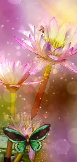 Pink lotus flowers with a colorful butterfly in vibrant digital art.