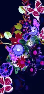 Vibrant floral and butterfly mobile wallpaper with dark blue background.