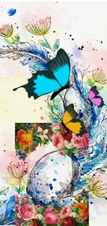 Colorful floral and butterfly art wallpaper for mobile with watercolor design.