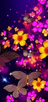 Vibrant wallpaper with butterflies and colorful flowers on a dark purple background.