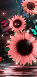 Vibrant pink sunflowers with butterflies in a digital artwork wallpaper.