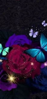 Vibrant floral and butterfly mobile wallpaper with a dark elegant design.