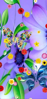 Colorful butterfly and floral mobile wallpaper with vibrant lavender background.