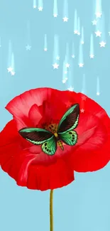 Vibrant red flower with butterfly on blue starry background.