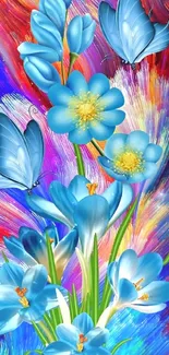 Vibrant blue flowers with butterflies on a colorful abstract background.