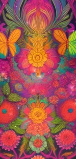 Vibrant floral and butterfly wallpaper in pink, orange, and green hues.