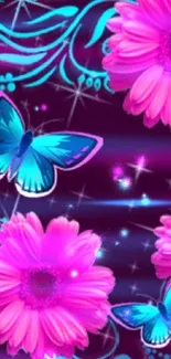 Pink flowers and blue butterflies on dark background.