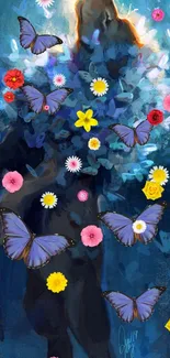 Vibrant artistic wallpaper with butterflies and colorful flowers on dark blue background.